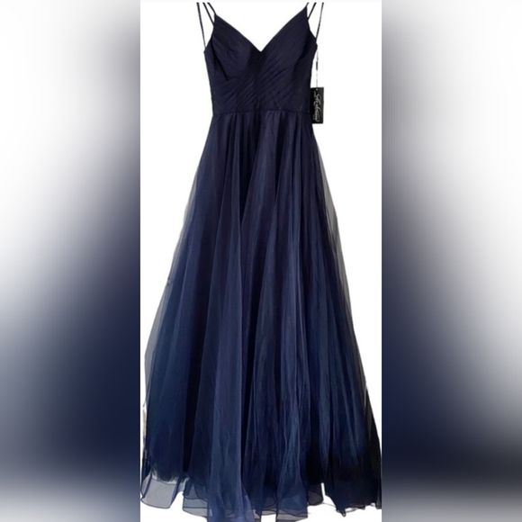 La Femme Navy Blue Side Slit Illusion A-Line Tulle Ballgown Size 4 NWT - Picture 6 of 7